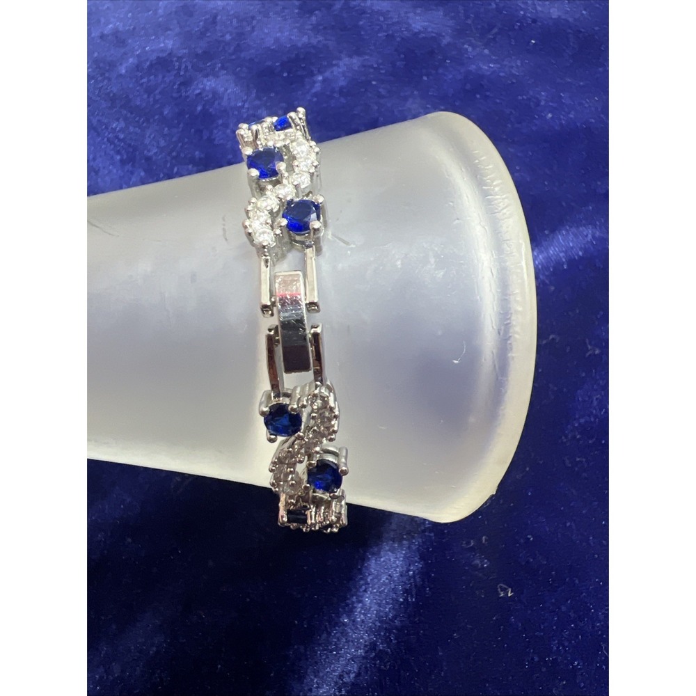 Tennis‎ Bracelet Blue Clear Crystal Cubic Zirconia Silver Tone 6.5" - Picture 12 of 12